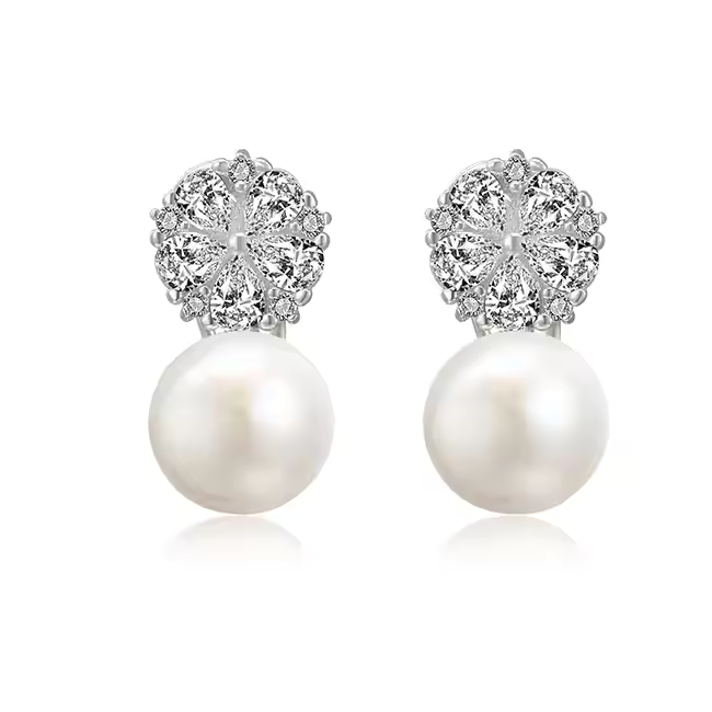 A pair of sterling silver earrings featuring a pearl drop and topaz-like embellishments, with a rhodium plating.