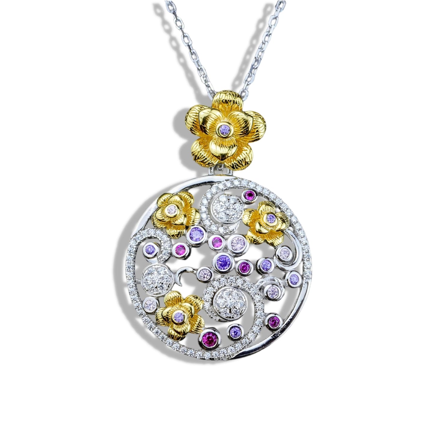 Jewelry necklace with a round pendant featuring gold flowers and colorful gemstones on a white background.