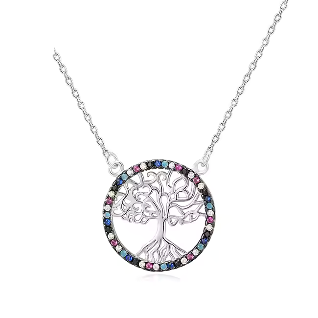 A sterling silver pendant featuring a tree of life design with a multicolored cubic zirconia border, attached to a silver chain.