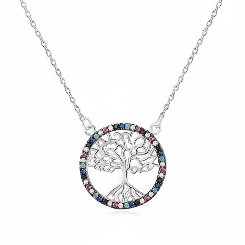 A sterling silver pendant featuring a tree of life design with a multicolored cubic zirconia border, attached to a silver chain.
