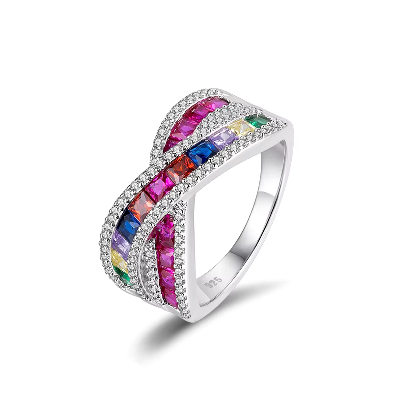 A sterling silver ring with a rhodium plating featuring a multicolor cubic zirconia overlay.