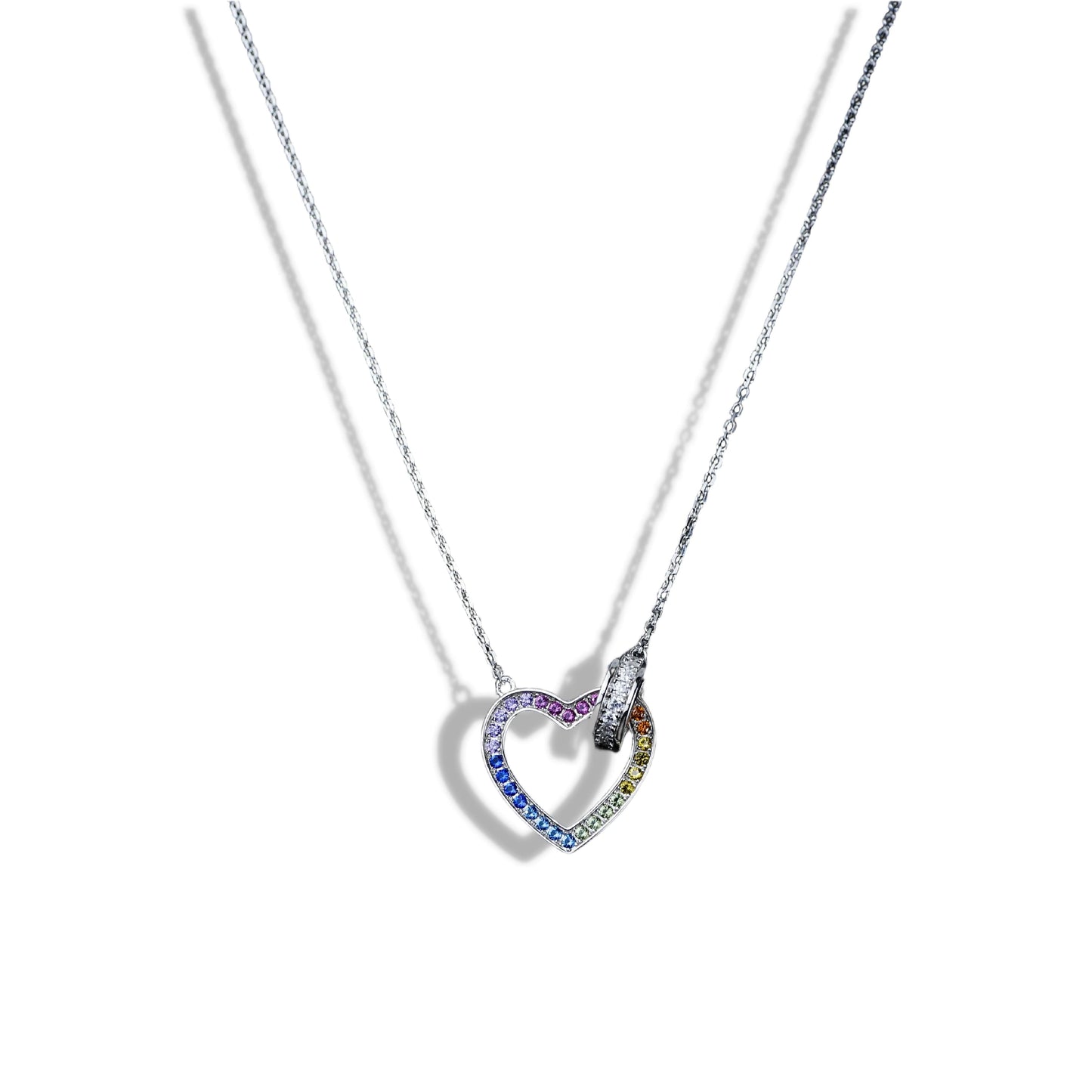 Heart-shaped necklace with colorful stones on a white background