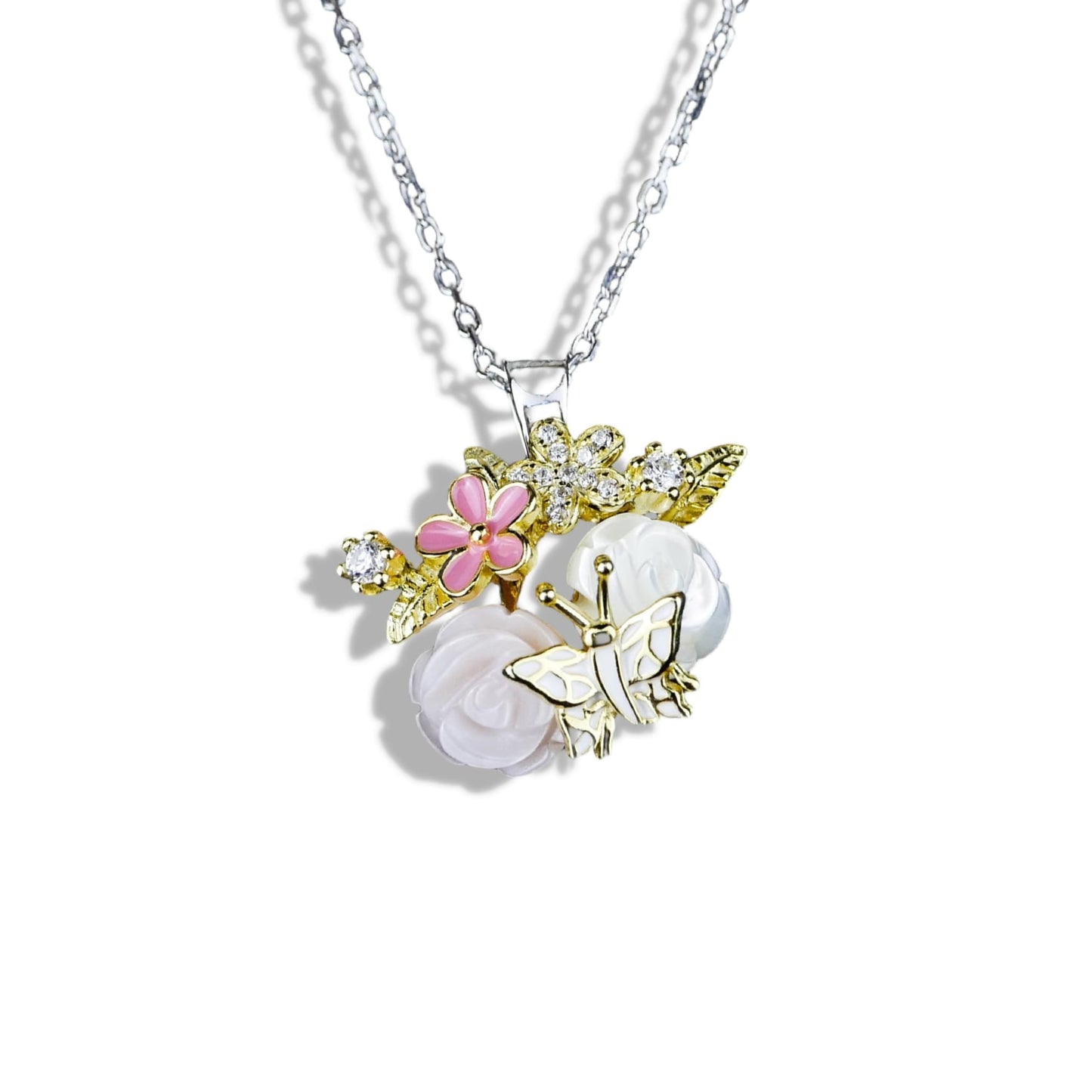 Necklace with floral and butterfly pendant on a white background