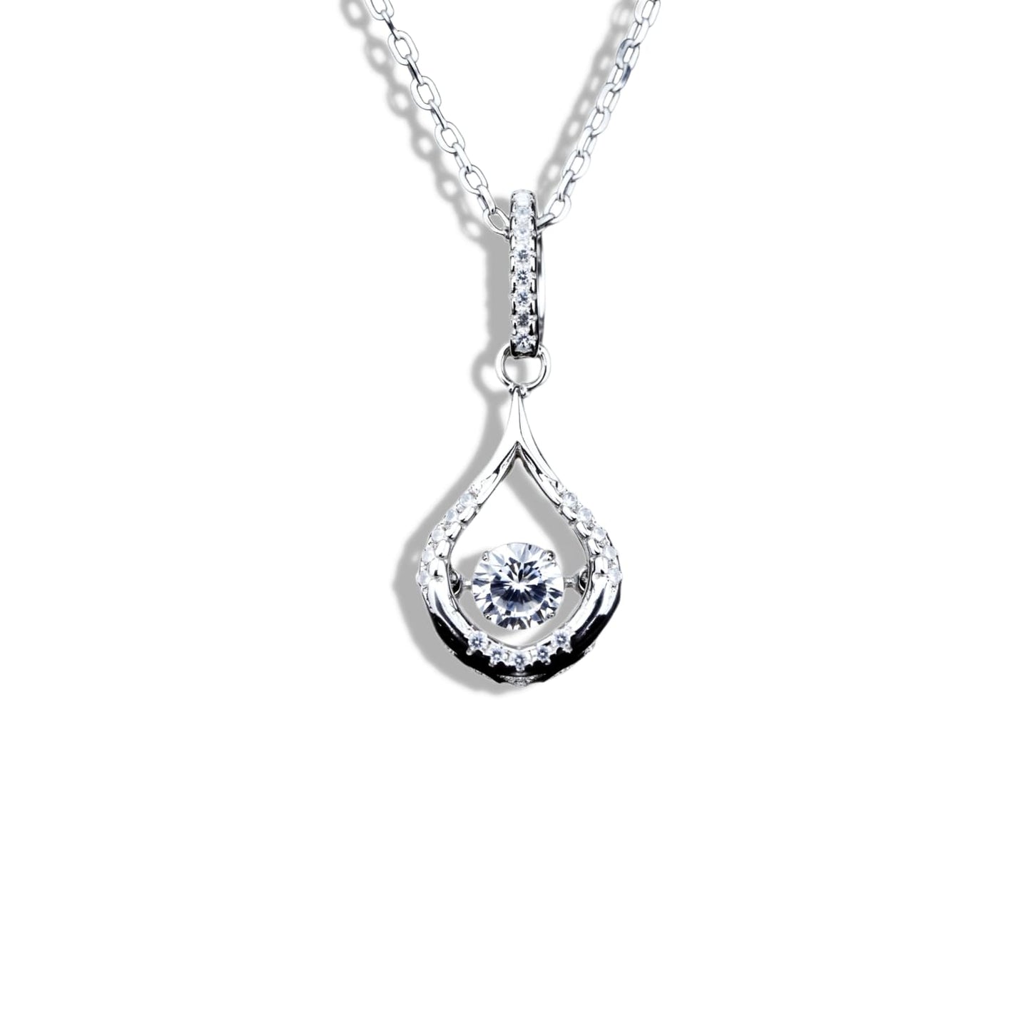 Teardrop-shaped diamond pendant on a white background