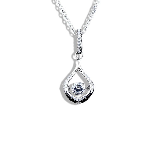 Teardrop-shaped diamond pendant on a white background