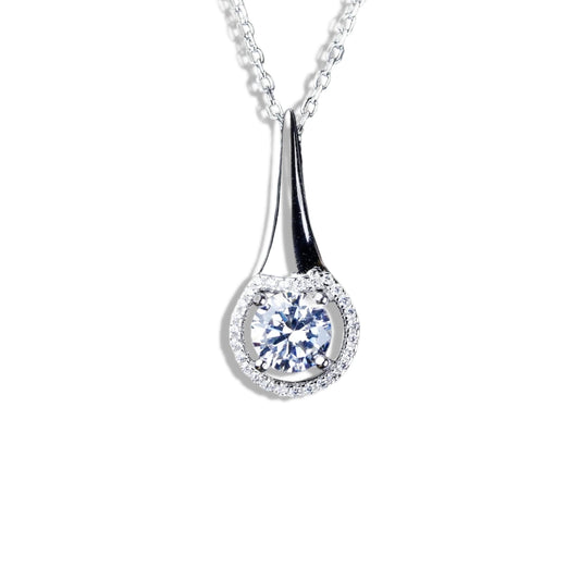 Silver teardrop pendant with a clear gemstone on a white background