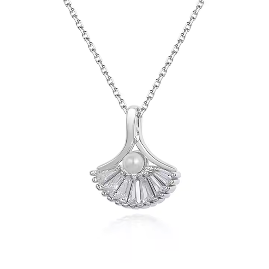 A mermaid's tail-shaped pendant necklace with a pearl at the center, made of sterling silver with rhodium plating and cubic zirconia.