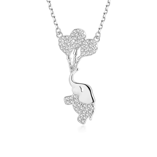 A sterling silver pendant necklace with a rhodium plating featuring a cubic zirconia elephant design, displayed on a white background.