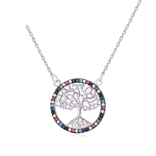 A sterling silver pendant featuring a tree of life design with a multicolored cubic zirconia border, attached to a silver chain.
