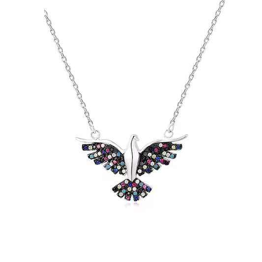A sterling silver pendant necklace with a multicolored cubic zirconia feather design, displayed on a white background.