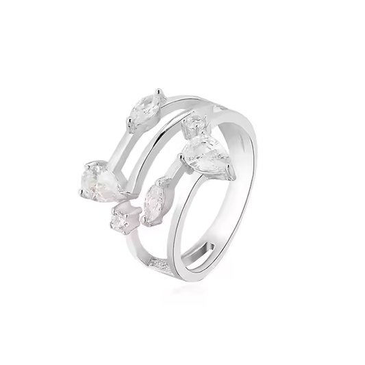 An adjustable ring with multiple clear cubic zirconia stones set in a silver-tone band.