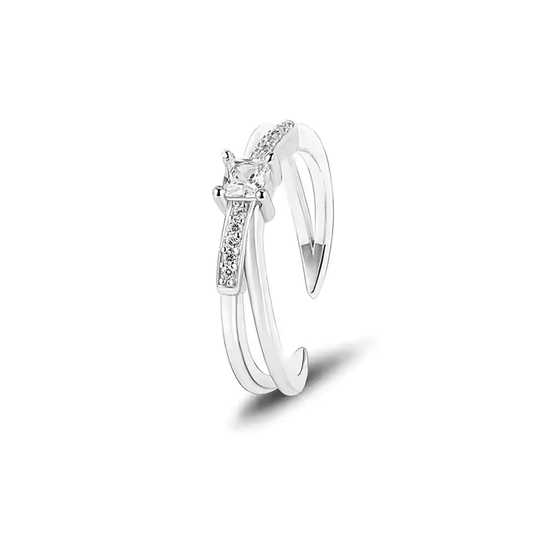 A sparkling sterling silver ring with cubic zirconia, featuring an adjustable band and rhodium plating.