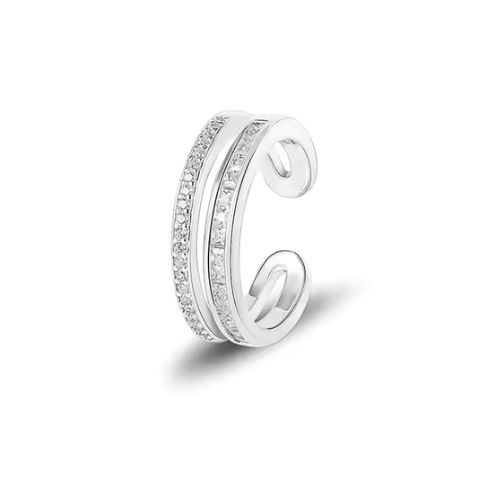 A rhodium-plated sterling silver ring with cubic zirconia stones, featuring an adjustable open band design.