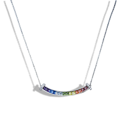 Necklace with a curved rainbow gemstone pendant on a white background