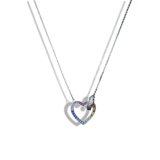 Heart-shaped necklace with colorful stones on a white background