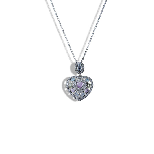 Heart-shaped pendant necklace with purple heart on a white background