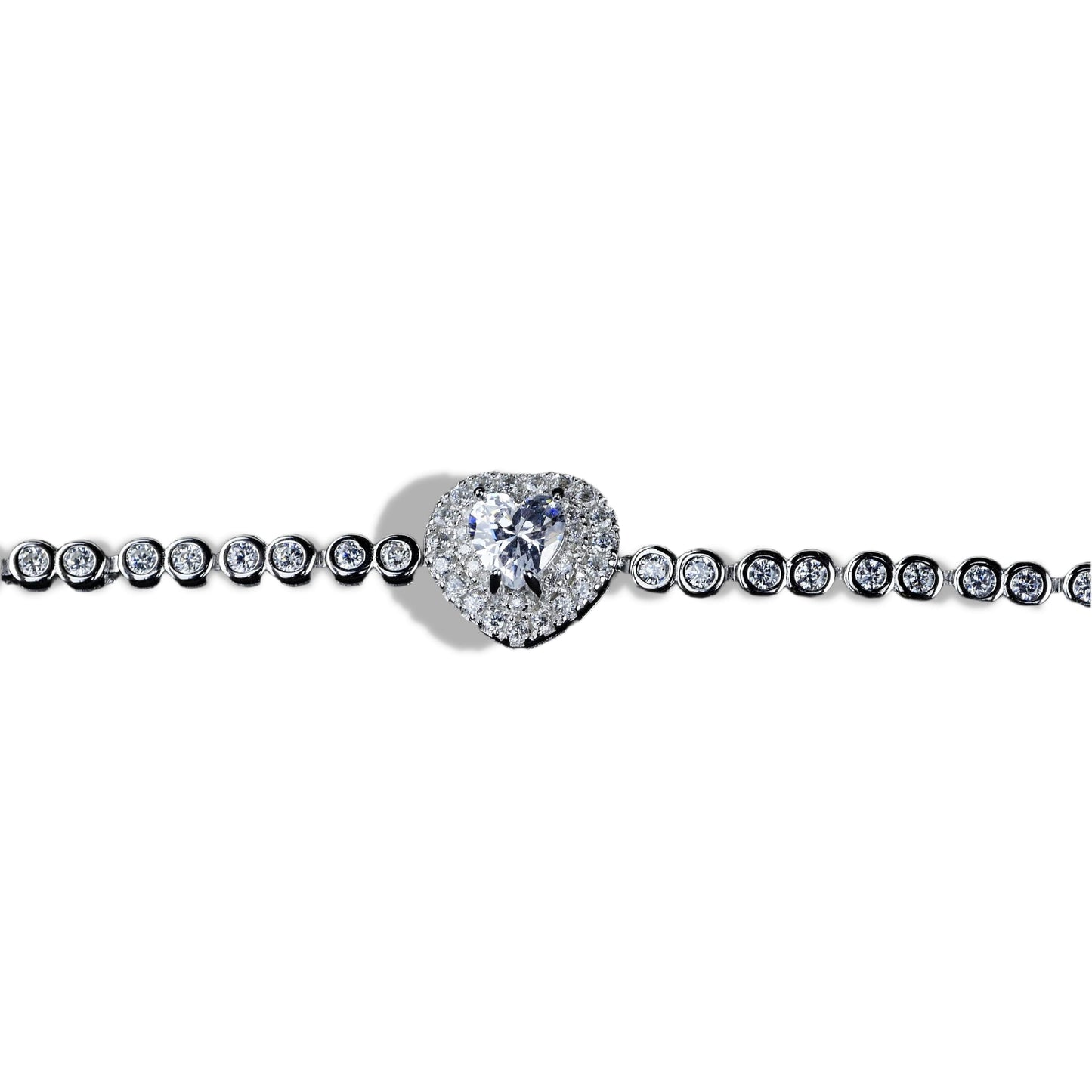 Diamond bracelet with heart-shaped clasp on a white background