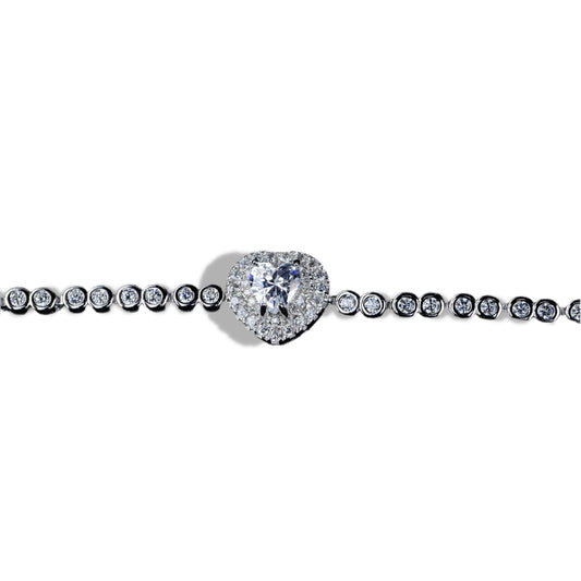 Diamond bracelet with heart-shaped clasp on a white background